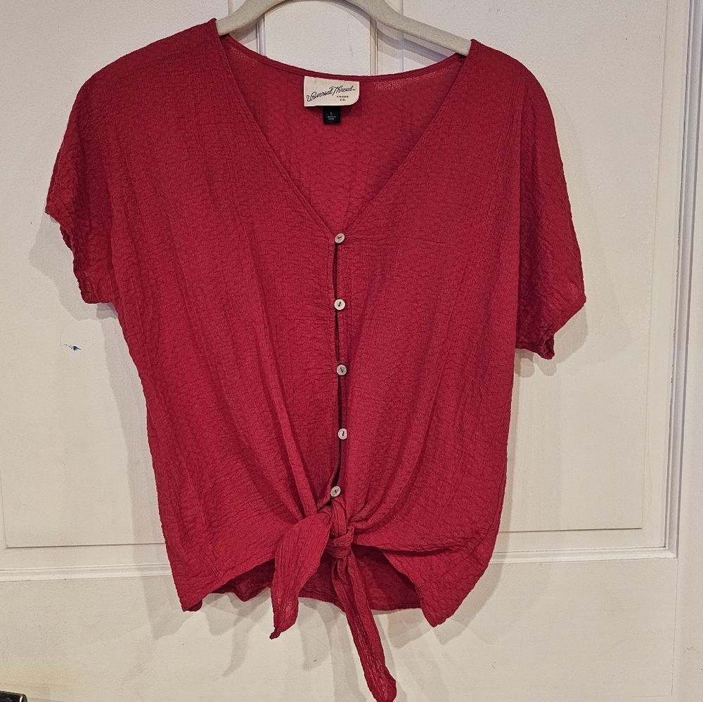 Red tie front button down shirt sleeve blouse top